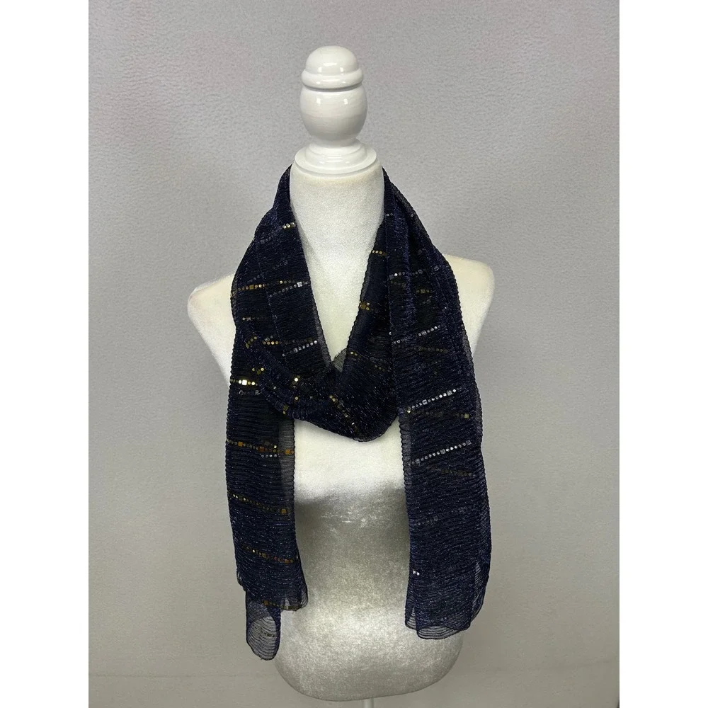 Evening Glam Womens OS Navy Blue Gold Sequin Pleated Mesh Shawl Scarf